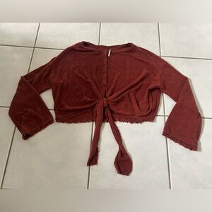 Free People Brick Red Raw-Edge Tie Waist Knit Top